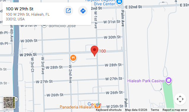 Mapa de 100 W 29th St, Hialeah, FL 33012. Abrir indicaciones en Google Maps.